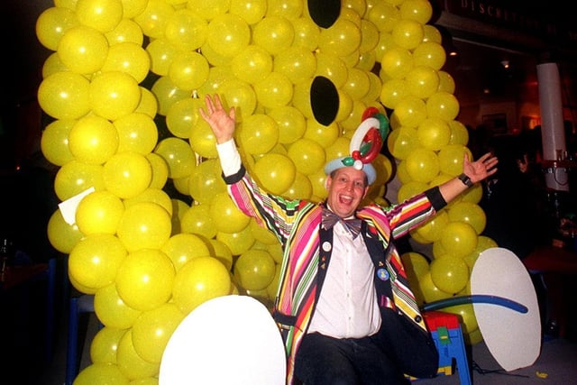 Exhibition balloon sculptor David Grist with his Children in Need creation at West Yorkshire Playhouse in November 1995.