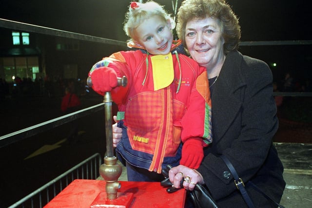 Keiron Smith with her grandmother Jennifer Todd who won a Children in Need bid for her granddaughter to switch-on Pudsey Christmas lights in November 1997.