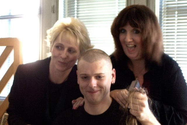 Stephan Tosta head shave for Children in Need in 2004 - L-R Jill Dunkley, Stephan Tosta and Vicky Hartley.