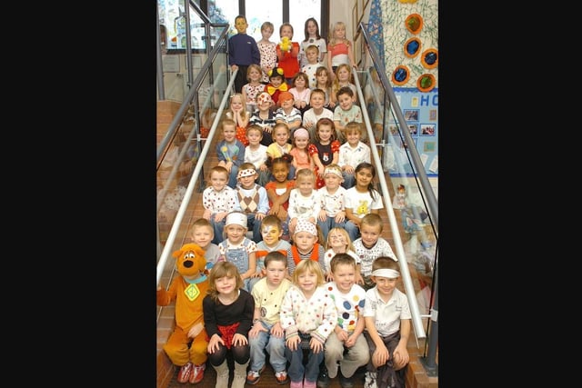 Children in Need event at South Hiendley School, all dressed in spots in 2007.