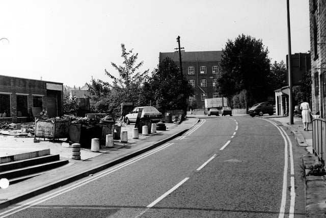 Morley High Street in June 1985. Pictured in the centre is Quarry Mill. The tall building on the far right is Alamo Garage.