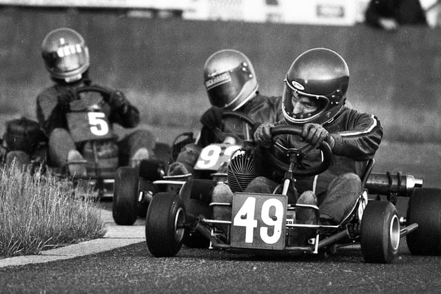 Wigan karter Andrew Fairless in determined mood competing in the 100 National Final in which he gained 2nd place in the Champions of Three Sisters National Kart Races on Sunday 24th of July 1983.