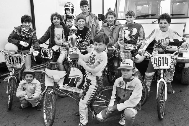 Some of the top young BMX racers at the Three Sisters track in Bryn in June 1985.