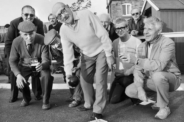 Still bowling them over aged 90, John Daines celebrates his birthday with a game of bowls at Shevington Conservative Club in August 1985.