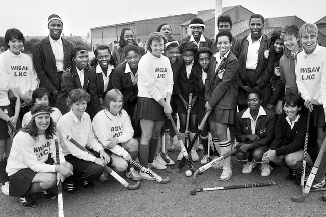 Wigan Ladies Hockey Club and opponents from Trinidad and Tobago who played a match at Lowton High School on Sunday 4th of August 1985.
