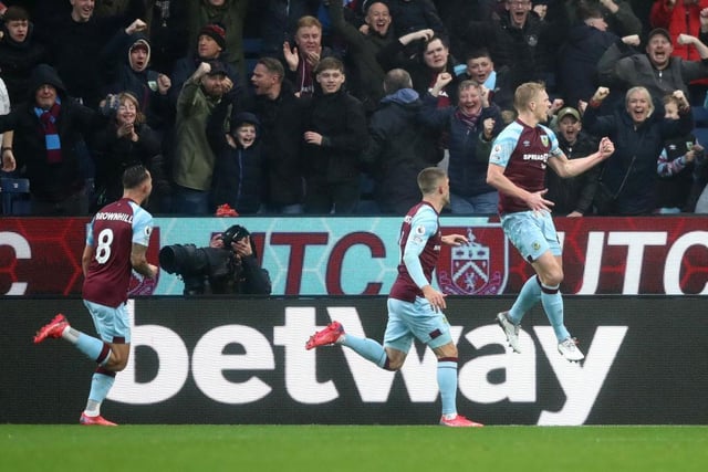 Ben Mee celebrates his second of the season with Gudmundsson and Brownhill.