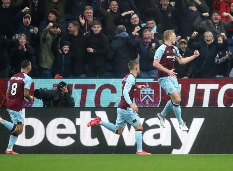 Ben Mee celebrates his second of the season with Gudmundsson and Brownhill.