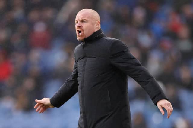 Sean Dyche, Manager of Burnley reacts during the Premier League match between Burnley and Crystal Palace at Turf Moor on November 20, 2021 in Burnley, England.