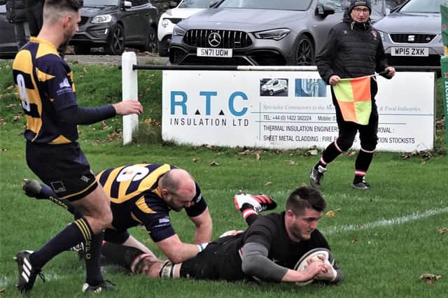 Rob Jennings scores for Old Brodleians in their 47-19 win over Durham City in North One East. Pic: Robin Sugden