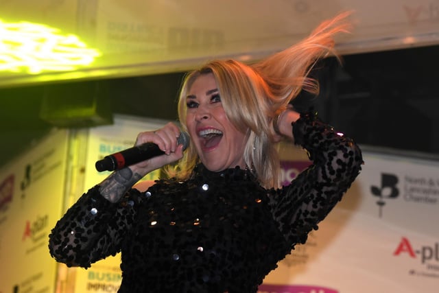 Jo O'Meara performing at the Preston Christmas Lights Switch On