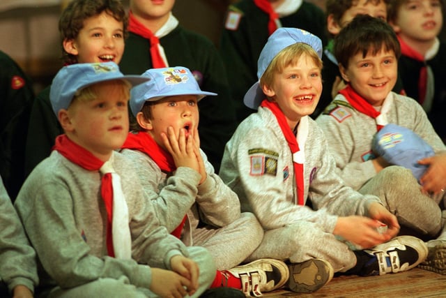 Youngsters at the 6th Beeston Beavers watch a juggler at the birthday party to celebrate 10 years of Beaver Scouts in May 1996.