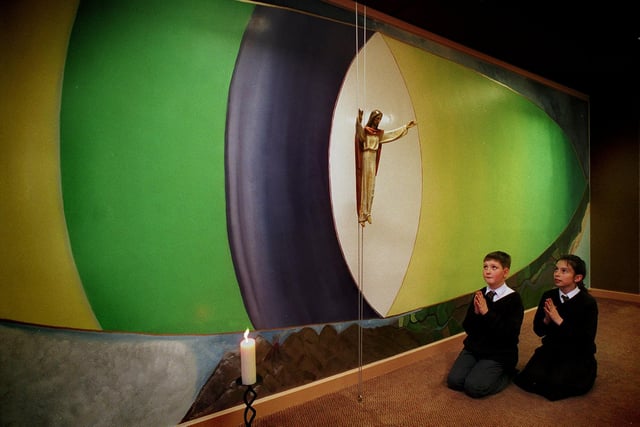 Pupils Joseph McCall and Sarah Bray are pictured in the special prayer room at St Anthony's RC Primary School. The pray room was created in memory of the late Coun Paddy Crotty, who died in 1995.
