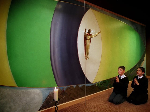 Pupils Joseph McCall and Sarah Bray are pictured in the special prayer room at St Anthony's RC Primary School. The pray room was created in memory of the late Coun Paddy Crotty, who died in 1995.