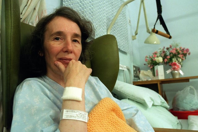 This is Beeston's Glenys Owens who was attacked and robbed for 12p in November 1996. She is pictured recovering at Leeds General Infirmary.