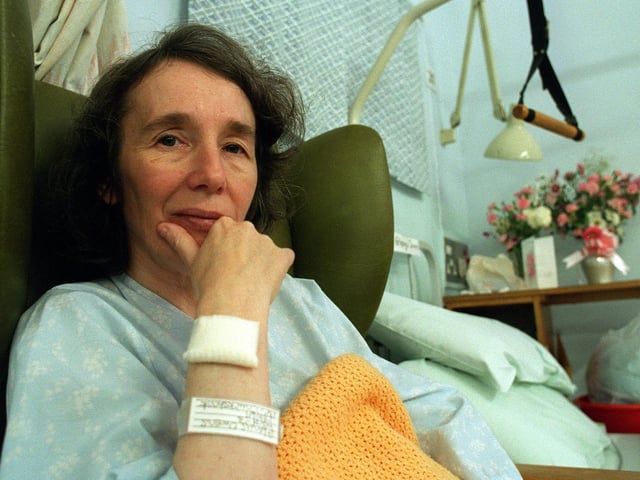 This is Beeston's Glenys Owens who was attacked and robbed for 12p in November 1996. She is pictured recovering at Leeds General Infirmary.