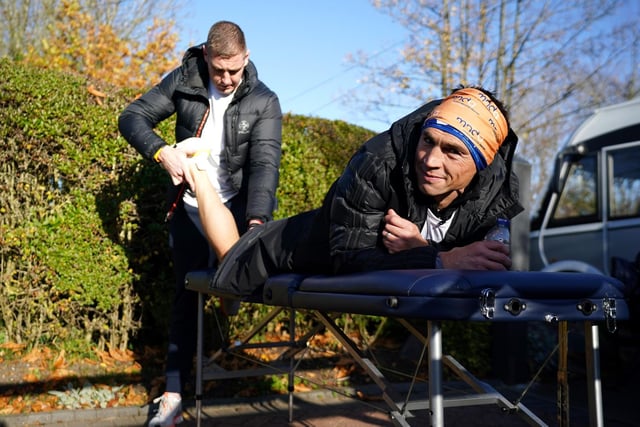 Kevin Sinfield receives some physiotherapy at the fifth stop at Bunny Hill Top near Bunny, Nottinghamshire during the Extra Mile Challenge.