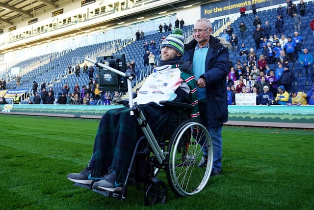 Rob Burrow, at Headingley Stadum, waits for Kevin Sinfield to complete the Extra Mile Challenge from Leicester to Leeds.