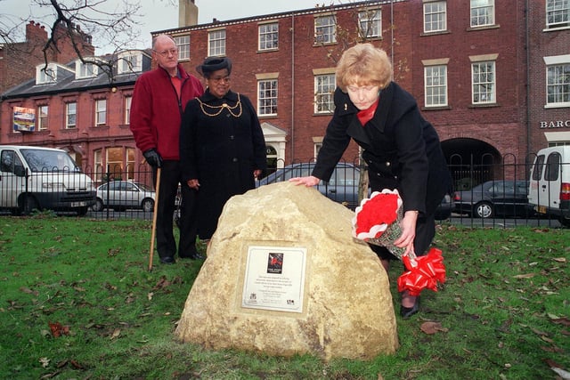 A plaque was unveiled at Park Square in November 1999 to commemorate lives lost on Leeds roads. Pictured is Deputy Lord Mayor of Leeds Coun Jean White (centre) with Frank Whittingham, from Support and Care after Road Death and Injury watch and  Hilda Armstrong, co-ordinator of the Campaign Against Drink Driving.