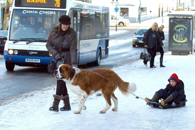 Reader Danny Smith remembers the winter of 2009 because it was the time when he decided to get a flat on St Annes promenade. This photo is from that winter showing nine year old Lewis Lewis  getting a lift on his sledge  from his St Bernard Bessie, helped by mum Marie Lewis.