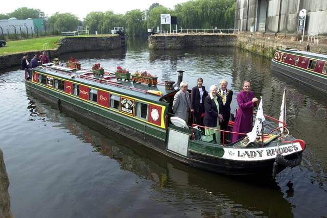 The Bishop of Ripon Rev Nigel McCulloch arrives on the Lady Rhodes at Wakefield in June 2000. Also pictured are Les Moss, assistant chief probation officer, Jane Gummer, chair of Safe Anchor Trust, Maria Capitano admin and customer services manager Aire and Calder Navigation and the Mayor of Wakefield Norman Hazell.