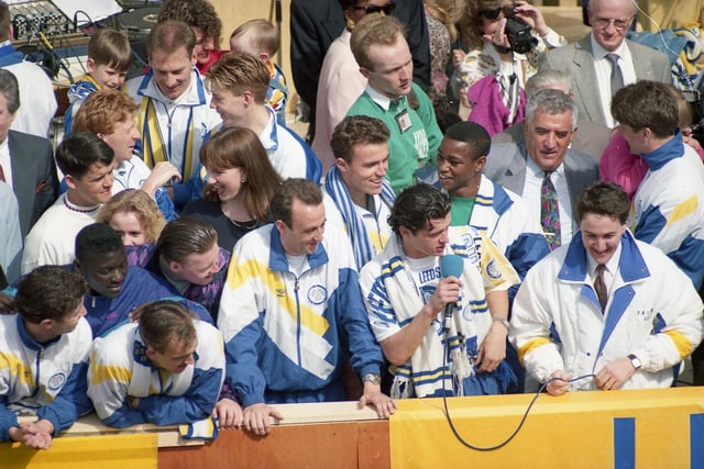 Speed on the mic at Leeds United's Championship parade in 1992.