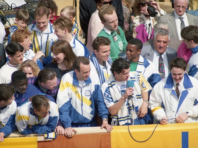 Speed on the mic at Leeds United's Championship parade in 1992.