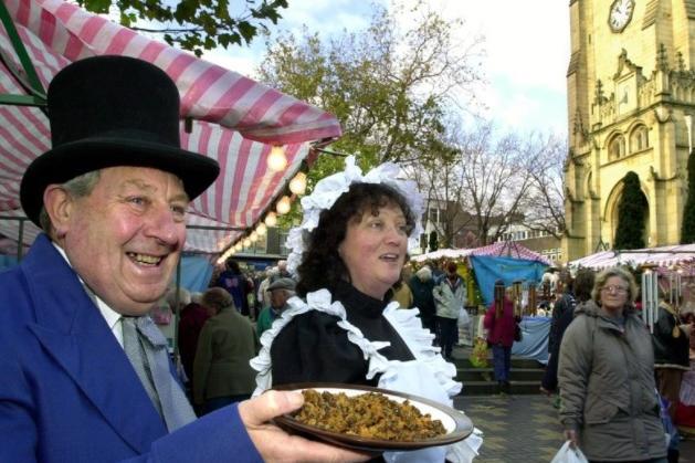 Stallholders Lewis Wood of Castleford and Bridget Lee, of East Ardsley, near Wakefield, looking the part at the Victorian Christmas Market in 2001