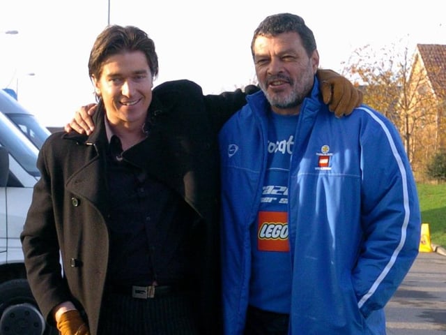 Garforth Town owner Simon Clifford and Socrates arrive at Wheatley Park ahead of kick-off.