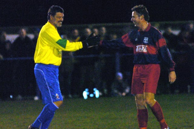 Socrates shakes hands with a Tadcaster Albion player at full-time. The game finished 2-2.