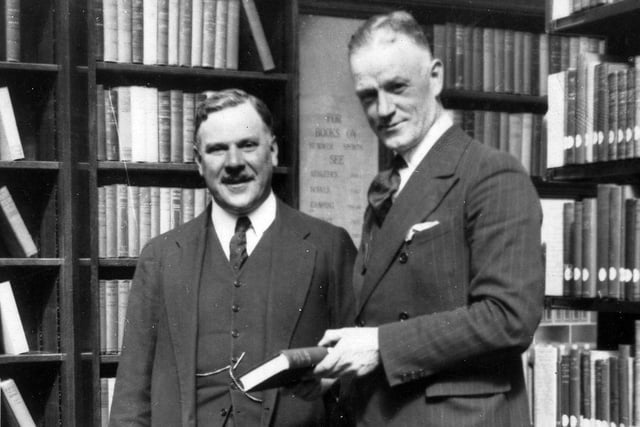 A photo taken at the opening of Bramley Library circa 1920s. Pictured is an unnamed man with the Earl of Elgin.