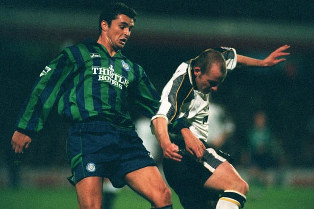 Gary Speed battles Lee Carsley in Leeds United's 1-0 League Cup win over Derby County in October 1995.