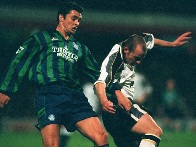 Gary Speed battles Lee Carsley in Leeds United's 1-0 League Cup win over Derby County in October 1995.
