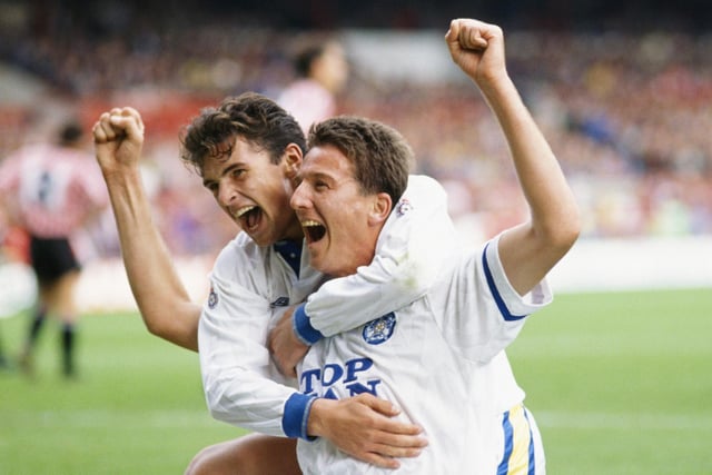 Speed celebrates with John Pearson during Leeds' 2-0 victory over Sheffield United at Bramall Lane on in September 1990.