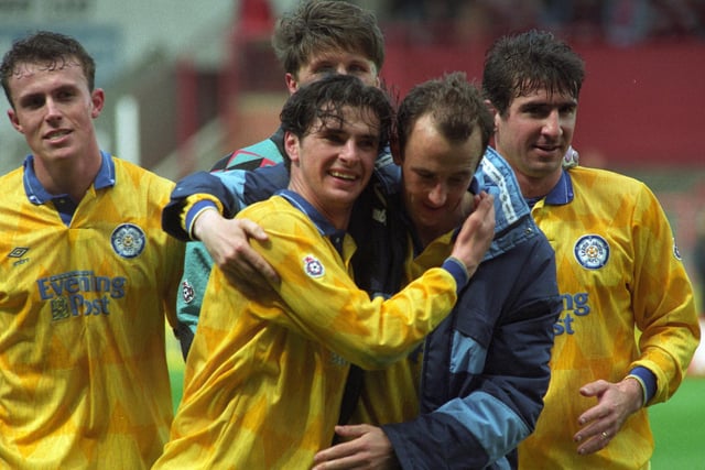 Speed and Gary McAllister embrace after Leeds' title-winning match against Sheffield United on April 26th 1992.