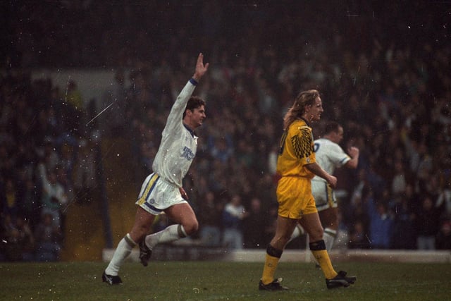 Speed scores Leeds' only goal in a 1-1 draw with Spurs in the Whites' title-winning season in December 1991.