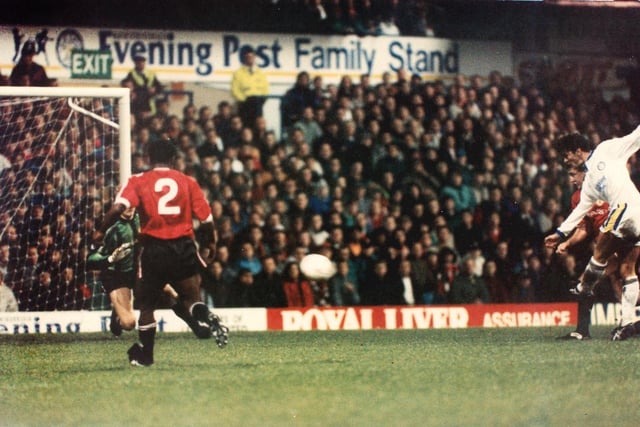 Speed scores Leeds' only goal as the Whites lose 3-1 to Manchester United in the fifth round of the League Cup in January 1992.