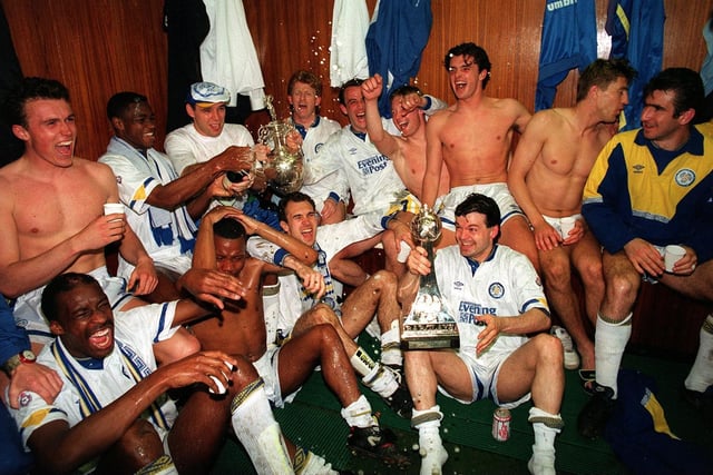 Speed amid dressing-room celebrations as Leeds win promotion from Division 2 in 1990.
