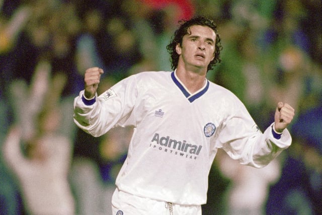 Speed opens the scoring in the Whites' 4-1 Champions League victory against VfB Stuttgart at Elland Road in September 1992.