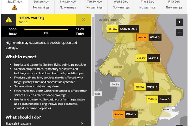 The Met Office has issued a Yellow Warning for much of Saturday as the high winds look set to continue and more snow is expected to fall.