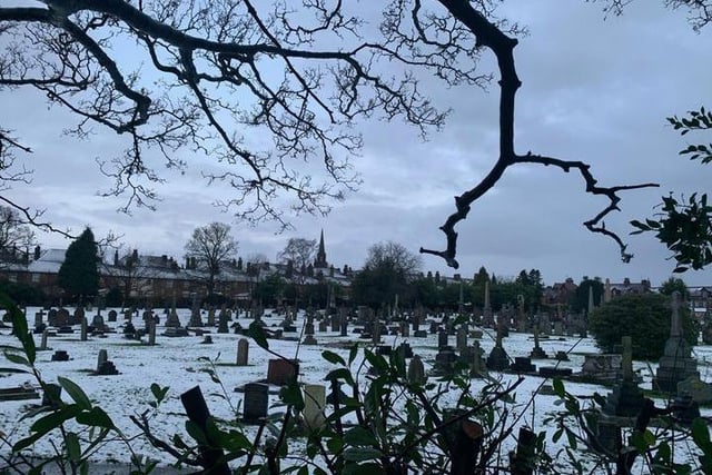 The cemetery on Grove Road was covered in snow this morning.