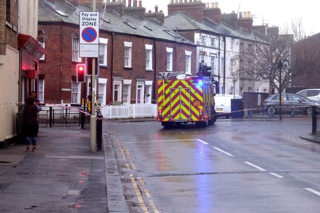 North Yorkshire Fire and Rescue Service cordon of part of Victoria Road due to falling debris from nearby buildings.