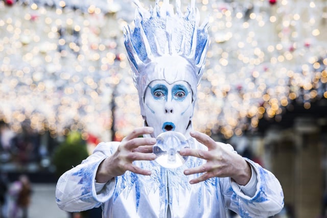 The Icicle King with his magic ball at The Woolshops in Halifax as part of Halifax BID's festive fun.