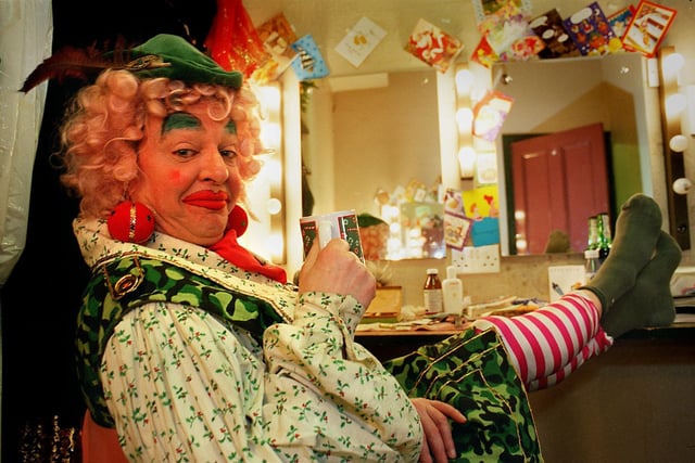 Feet up between shows. Panto Dame, David Barry prepares for 'Babes in the Wood" at Leeds City Varieties.