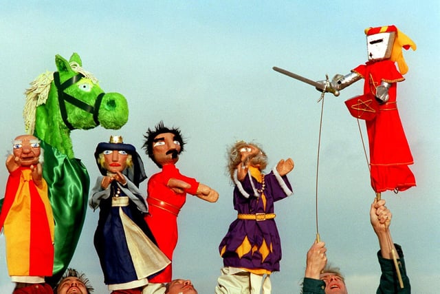 The collection of puppets taking part in 'Gawain and the Green Knight' at the Royal Armouries. Some of the puppeteers, from left, are Alan Eyles, Frank Hammond and Craig Cowdray.