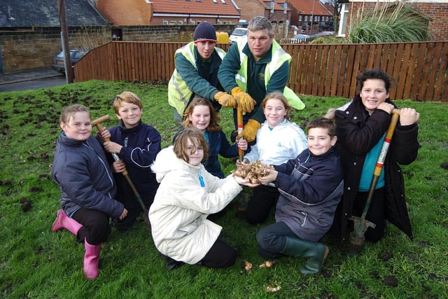 Pupils from East Whitby School plant daffodil bulbs on The Ropery as part of Deep Clean Day.