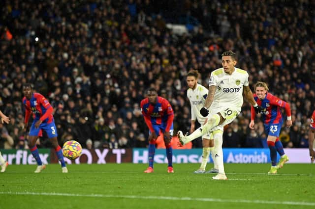 ICE COOL: Leeds United star Raphinha keeps his nerve to net a dramatic late spot kick to give Marcelo Bielsa's Whites all three points against Crystal Palace at Elland Road. Picture by Bruce Rollinson.