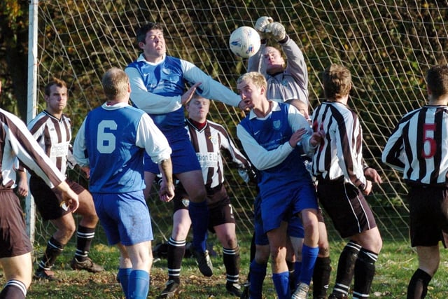Silcoates v Sandal Athletic. Wakefield and District League Premier Division Cup. Sandal Athletic goalkeeper Neil Horner punches from a crowded goalmouth.