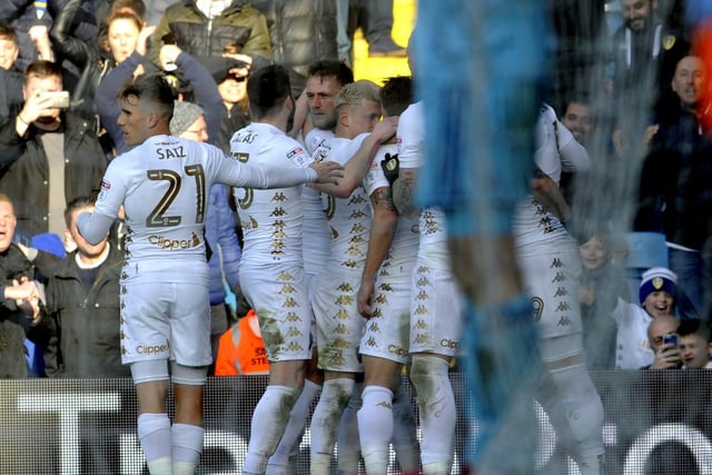 Liam Cooper is congratulated by his teammates after scoring.