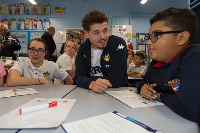 Phillips helps the Leeds United Foundation teach a class on health at Middleton Primary School in November 2016.