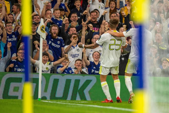 Phillips celebrates scoring against Crewe Alexandra as the Whites advanced in the FA Cup with a 3-0 win at Elland Road in August 2021.
